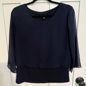 Ann Taylor Navy Blue Banded Waist Chiffon Overlay Blouse Size Medium